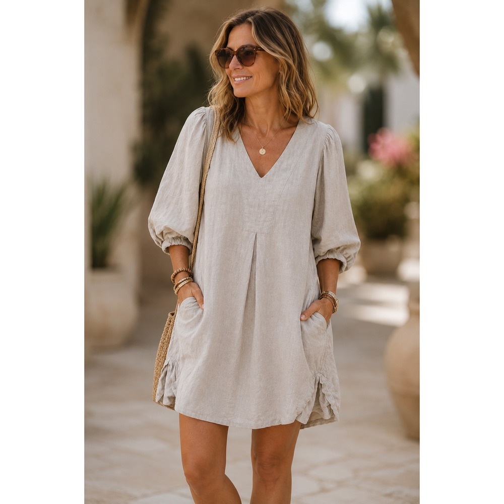 Euro Summer Lagenlook Linen Blend Mini Dress Oatmeal Small Luxe Resortwear Vaca